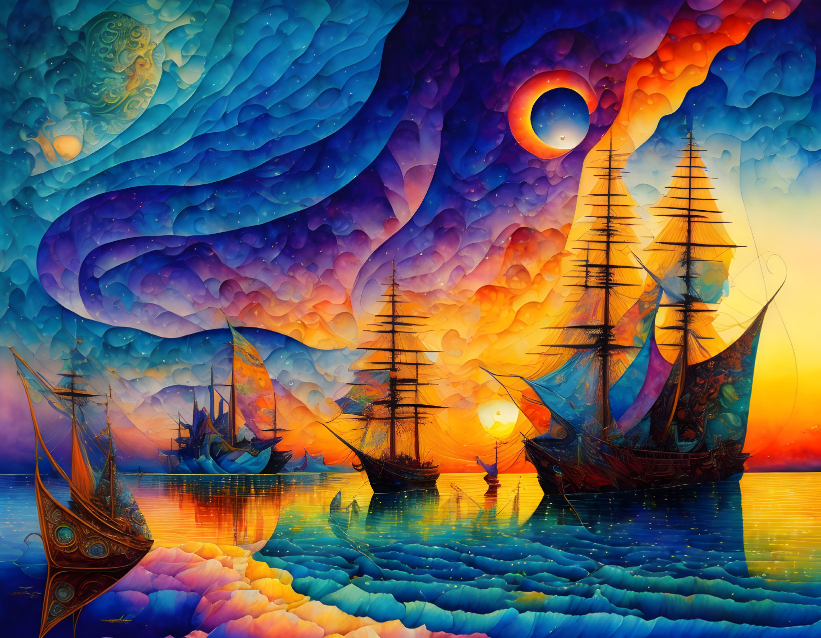 Vibrant surreal seascape with three galleons sailing at sunset