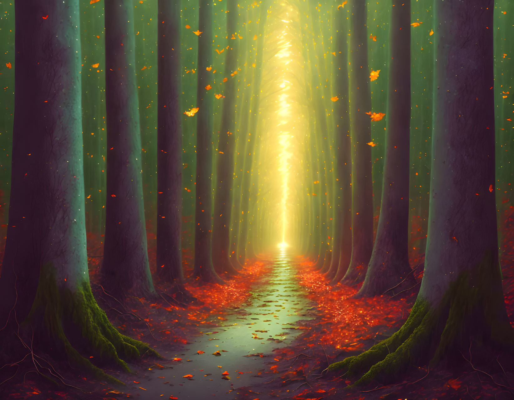 Tranquil forest path with tall trees and red leaves under soft light