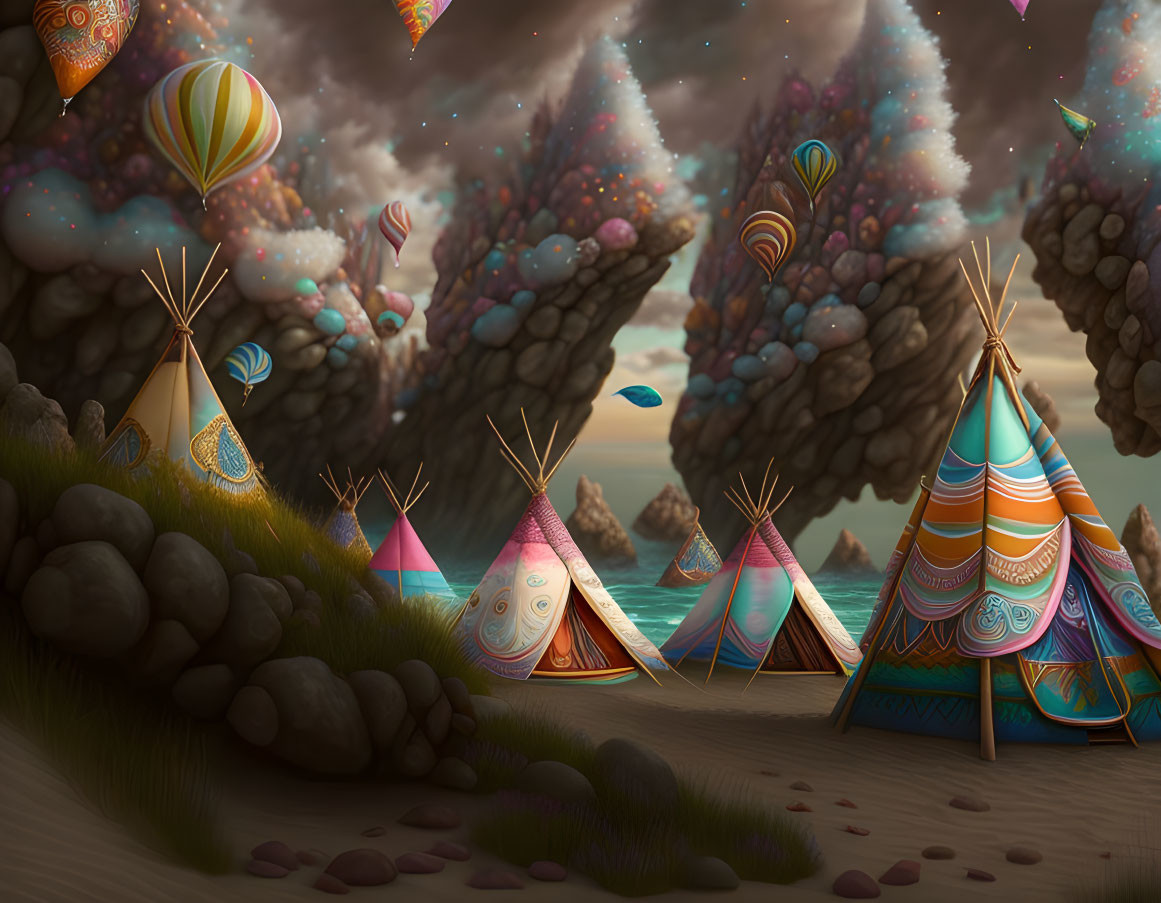 Vibrant teepees on sandy beach with floating islands and hot-air balloons at dusk