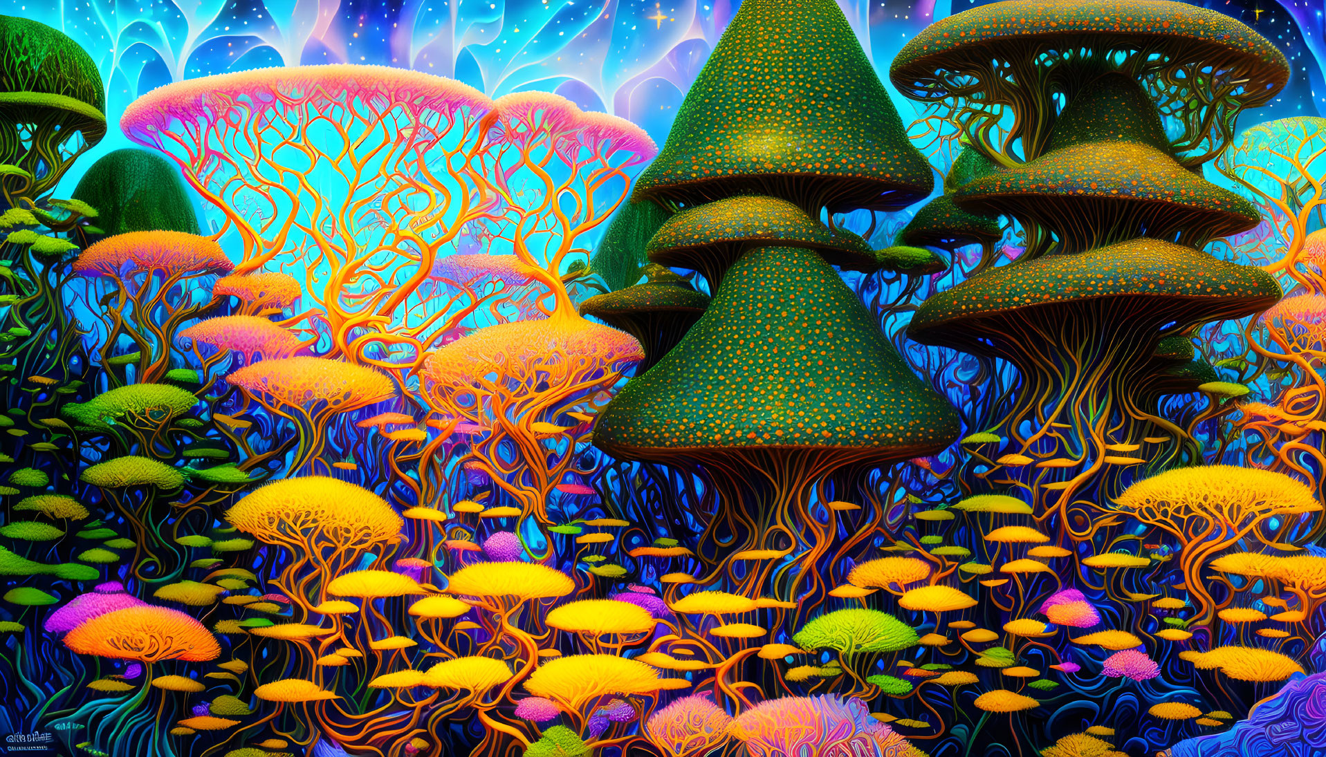 Colorful Psychedelic Forest with Oversized Mushrooms and Luminous Plants