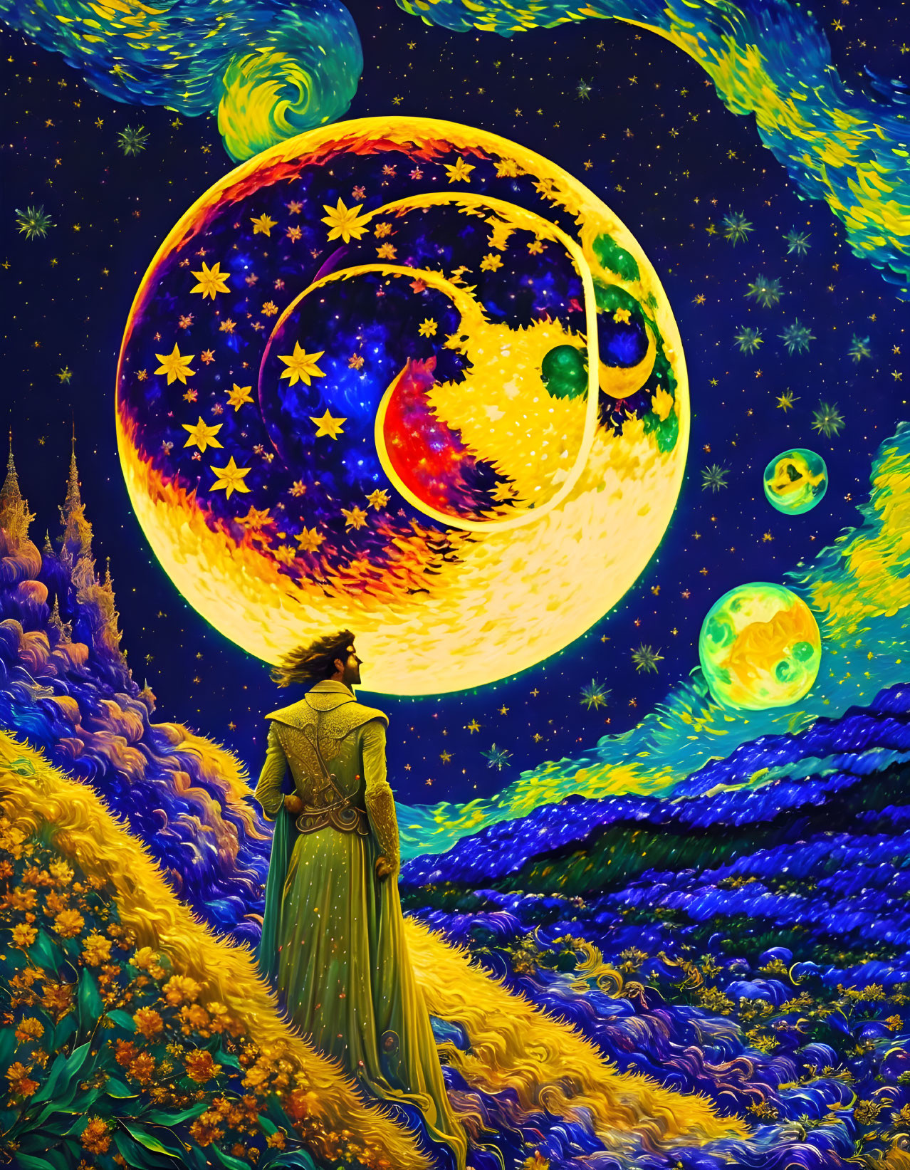 Vintage attire figure under swirling starry sky with oversized moons.