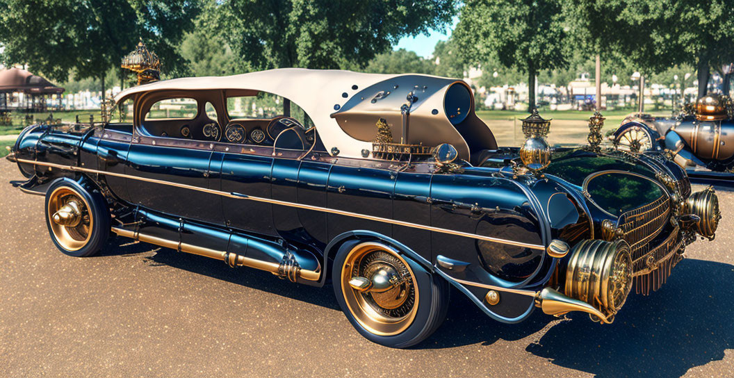 Elaborate Vintage Car with Brass Detailing and Steampunk Aesthetic