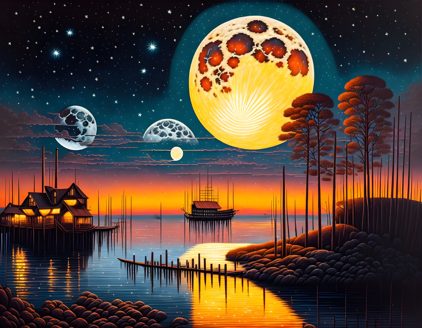 Surreal sunset scene with oversized celestial bodies, sea, stilt houses, wooden pier, and