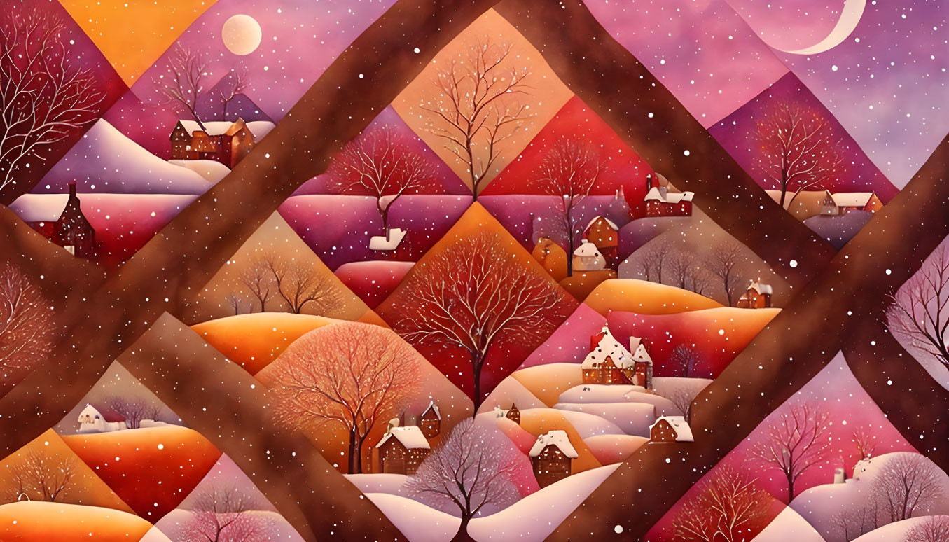 Colorful geometric prism winter landscape with snow-covered hills and cozy houses.