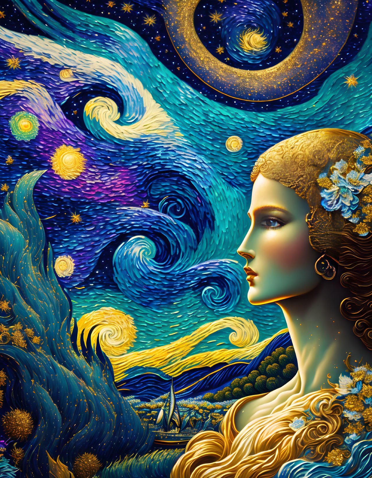 Stylized portrait blending woman's profile with swirling 'Starry Night' skies