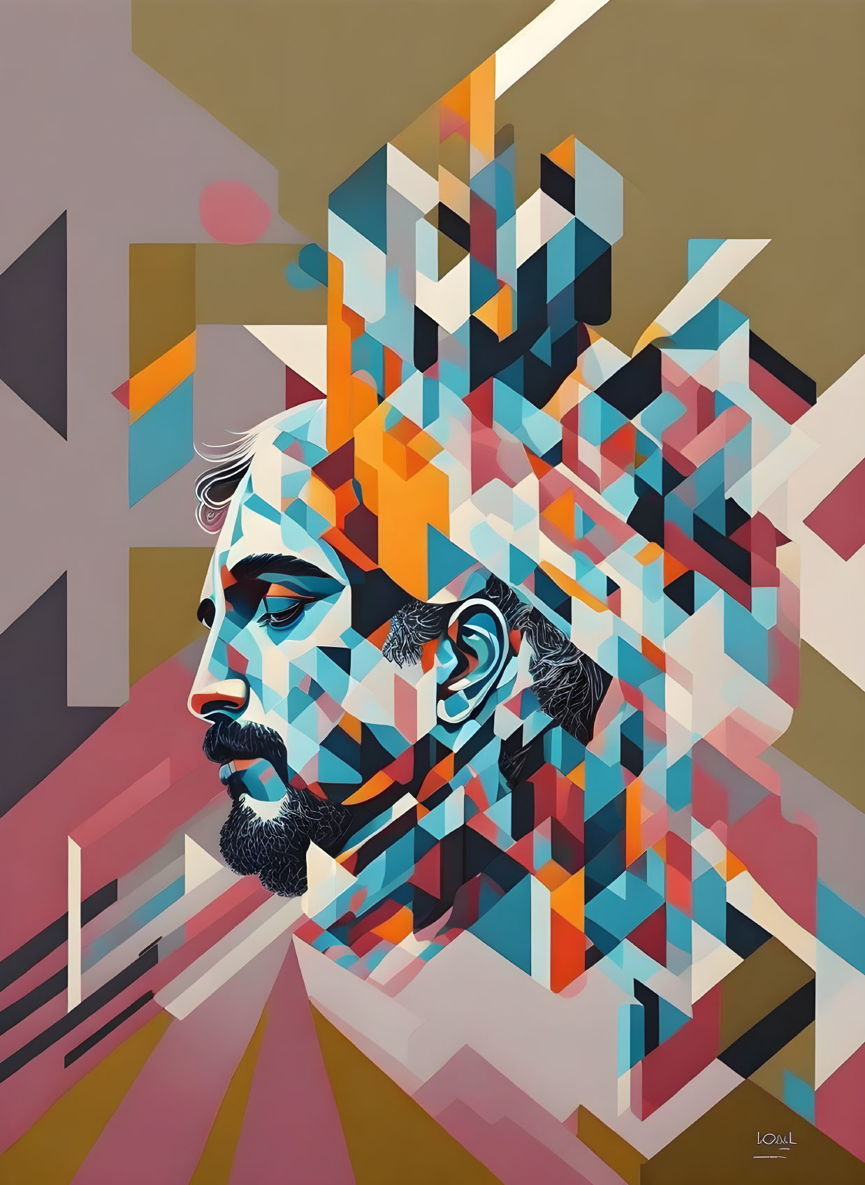 Vibrant abstract geometric portrait of a bearded man