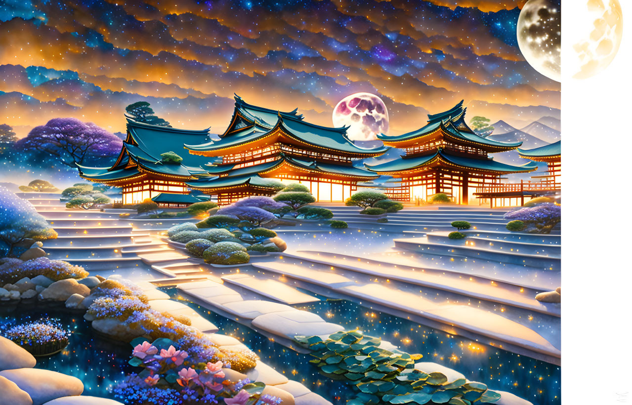 Traditional Asian temple with tiered roofs under starry sky and snow-covered trees lit by lanterns.