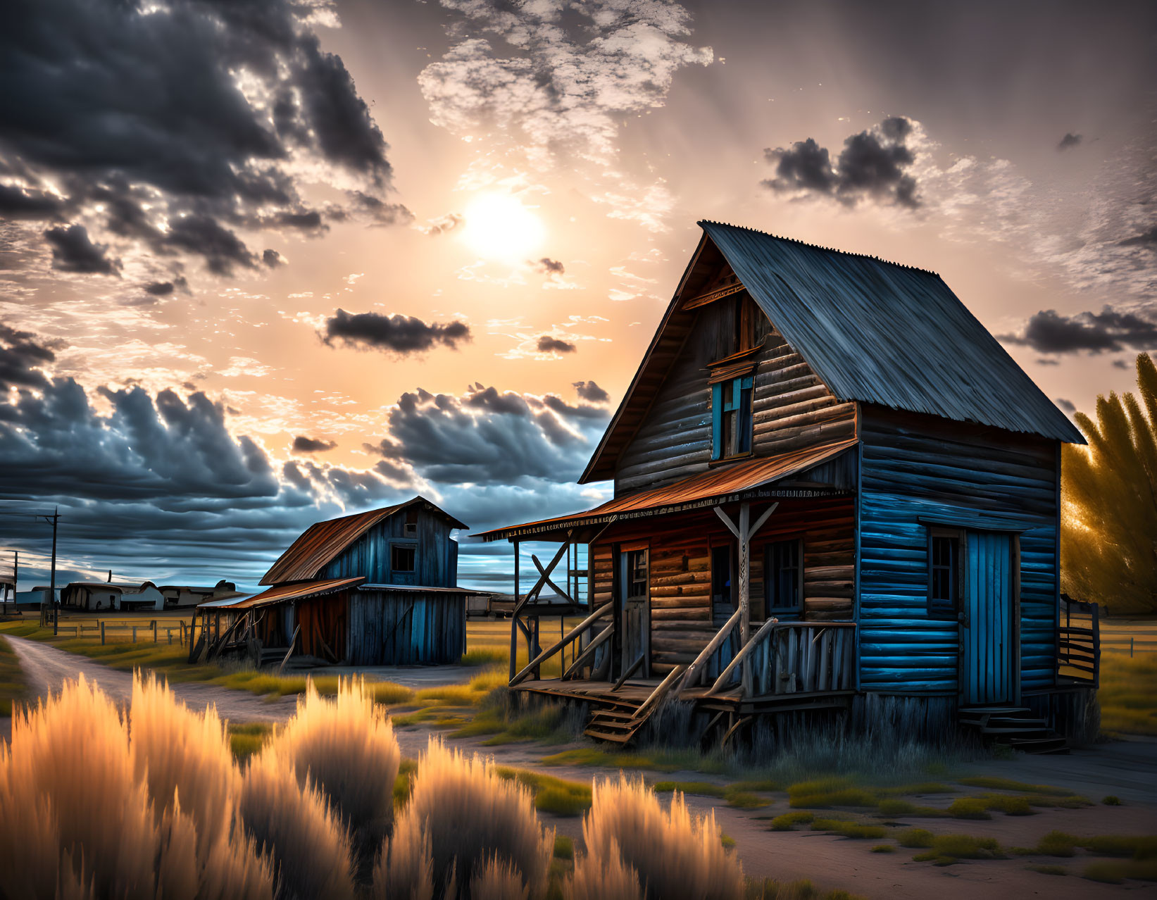 Rustic wooden houses under dramatic sunset sky.