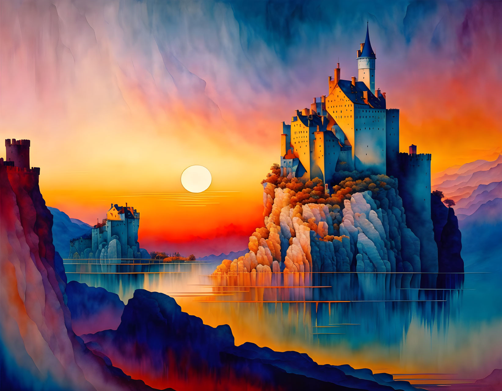 Digital artwork: Castle on cliff at sunset by lake