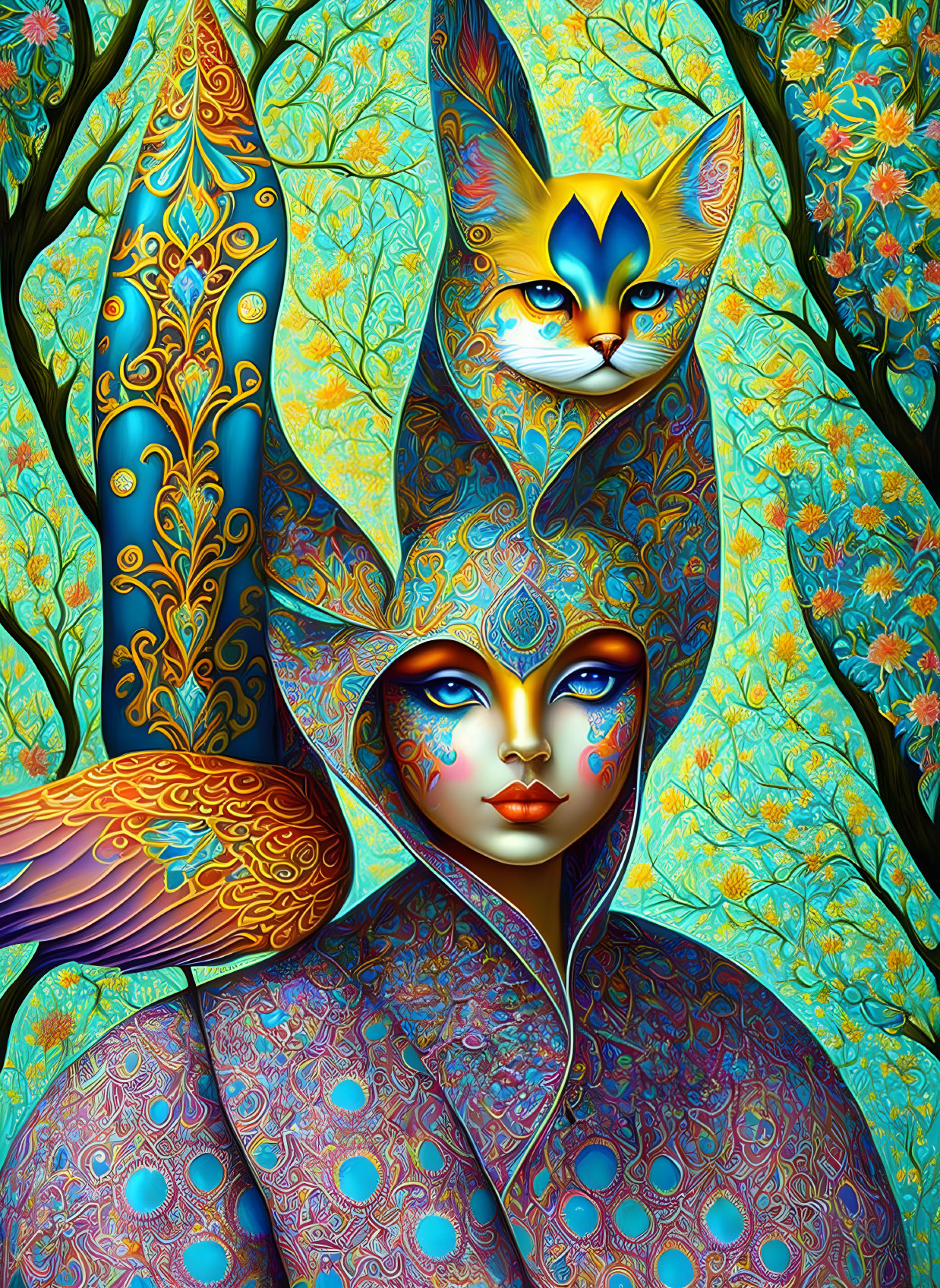 Colorful Stylized Image of Person with Cat-Inspired Headpiece