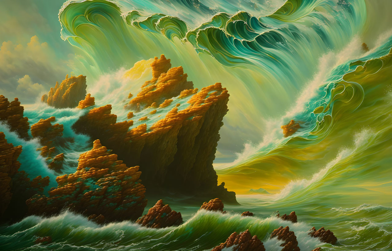 Vibrant surreal landscape with towering wave-like cliffs