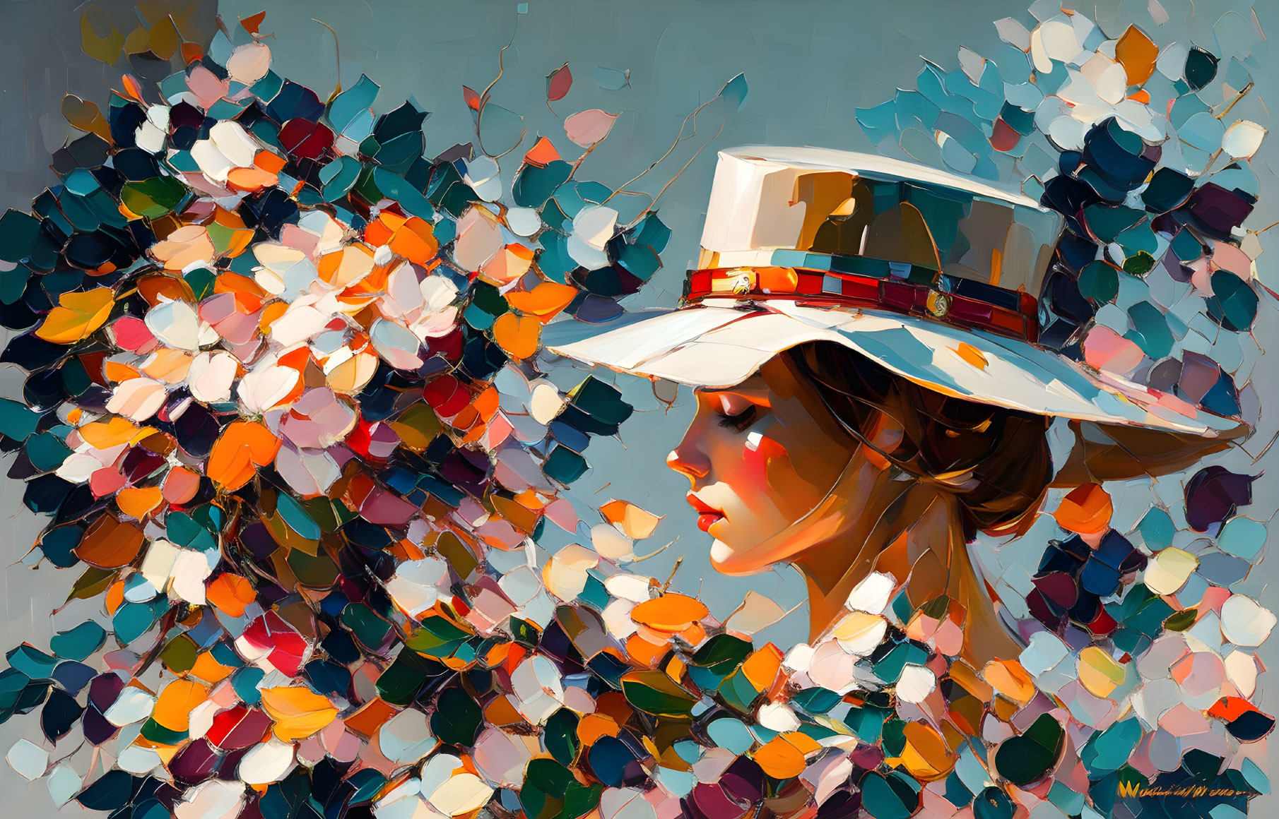 Colorful Flower Mosaic Painting with Woman in Hat