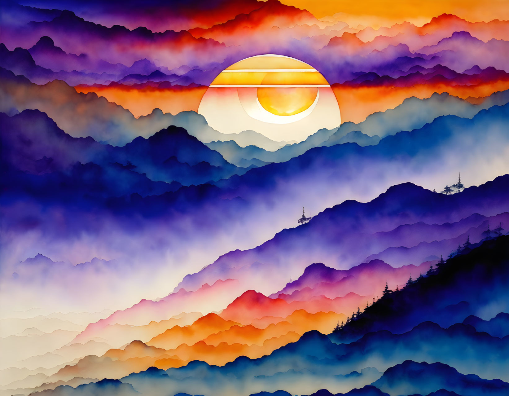 Colorful Mountains Sunset Digital Artwork