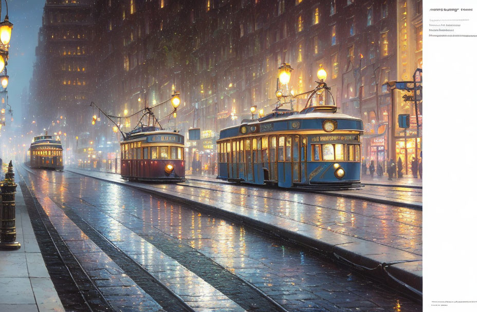 Vintage-style trams and pedestrians on wet city streets at night