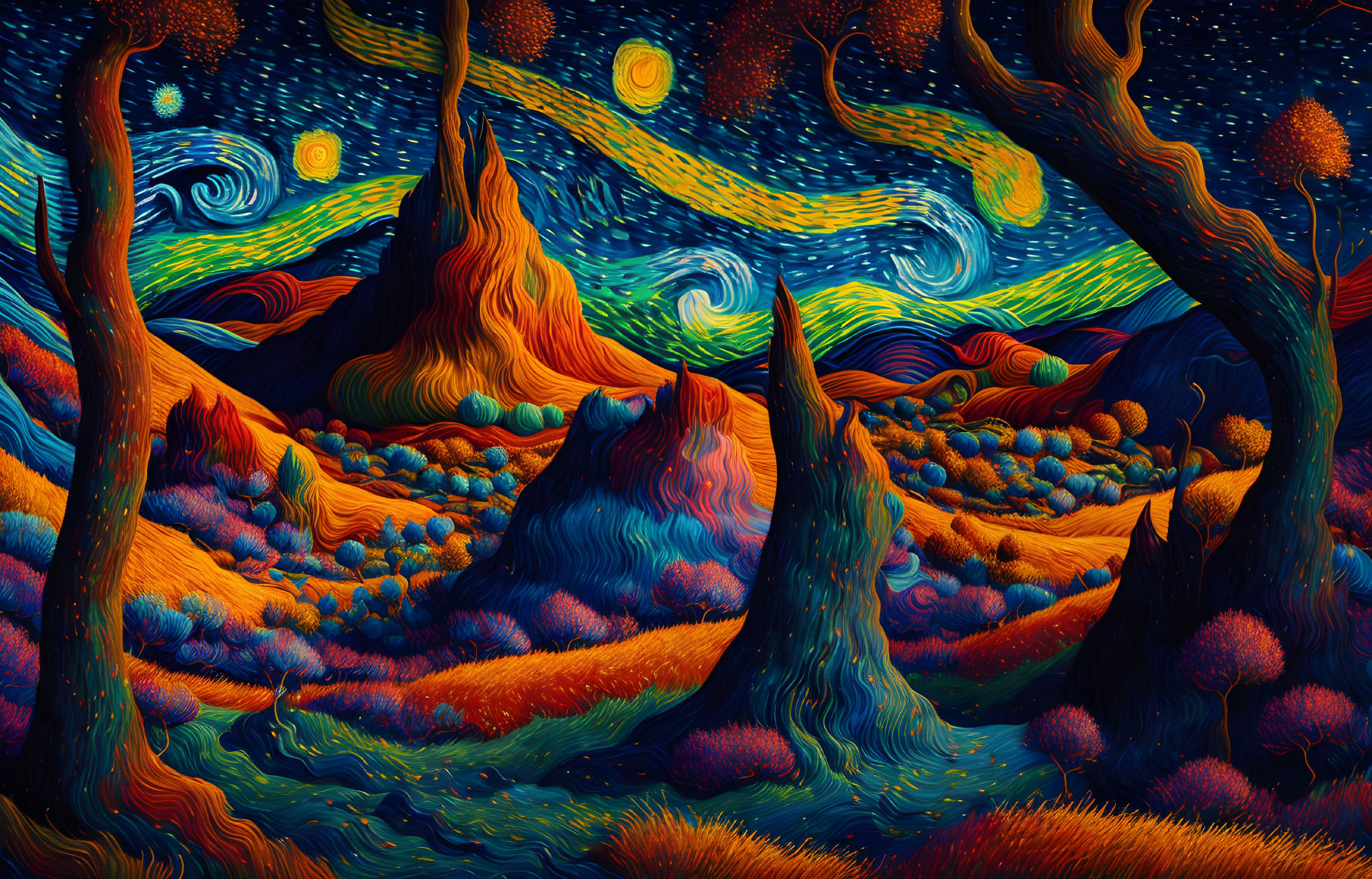 Colorful landscape with swirling skies and twisted trees reminiscent of "Starry Night