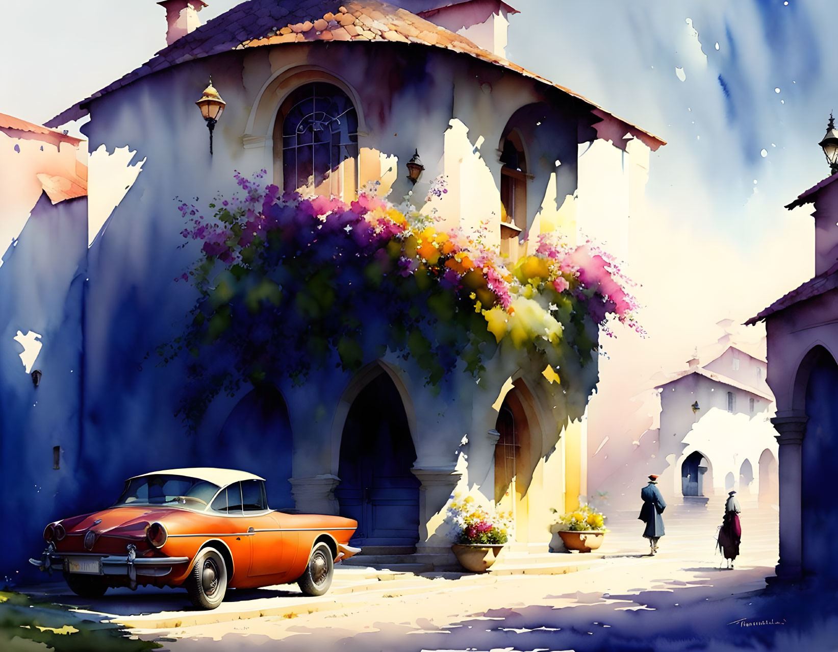 Digital painting of classic car outside quaint building with colorful flowers and figures under sunny sky