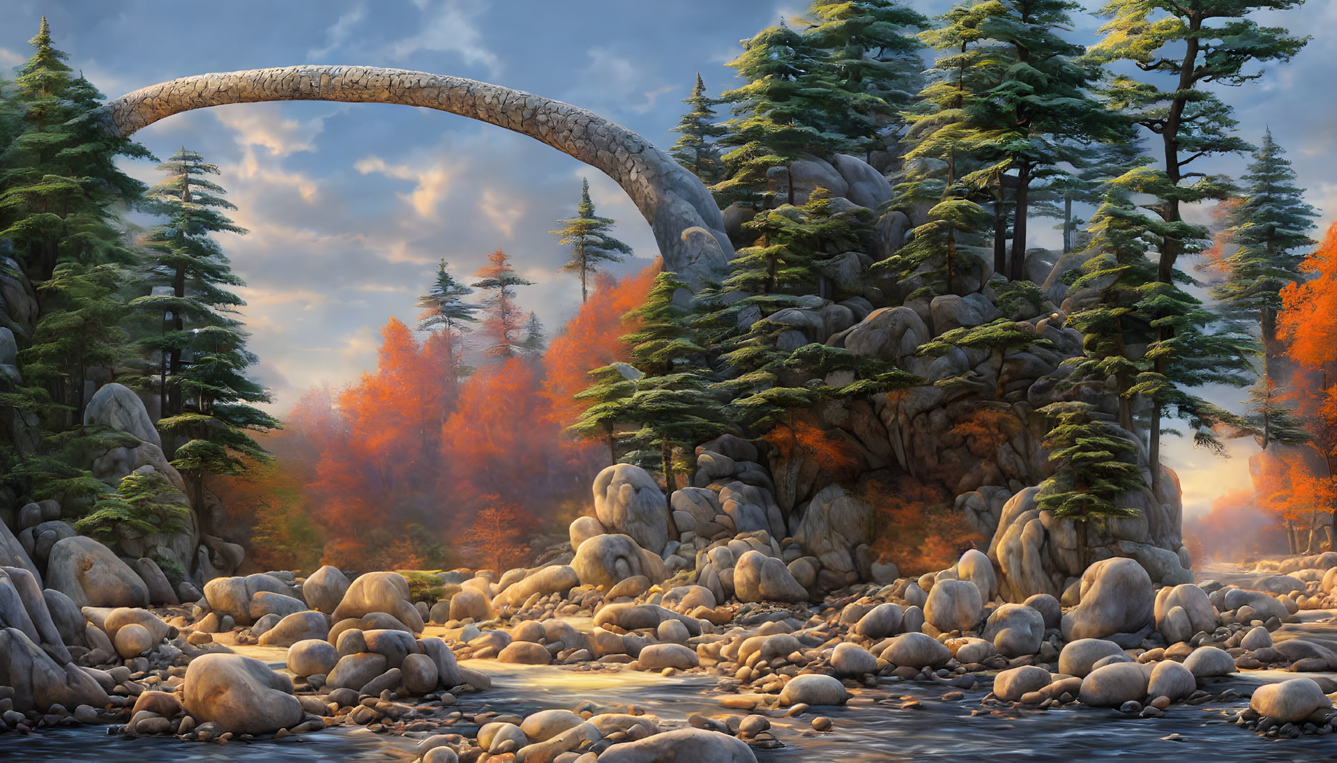 Tranquil landscape with stone bridge over river and autumn forest