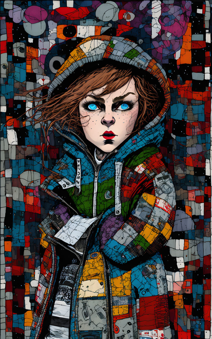 Colorful Patchwork Coat Illustration with Intense Eyes in Mosaic Background