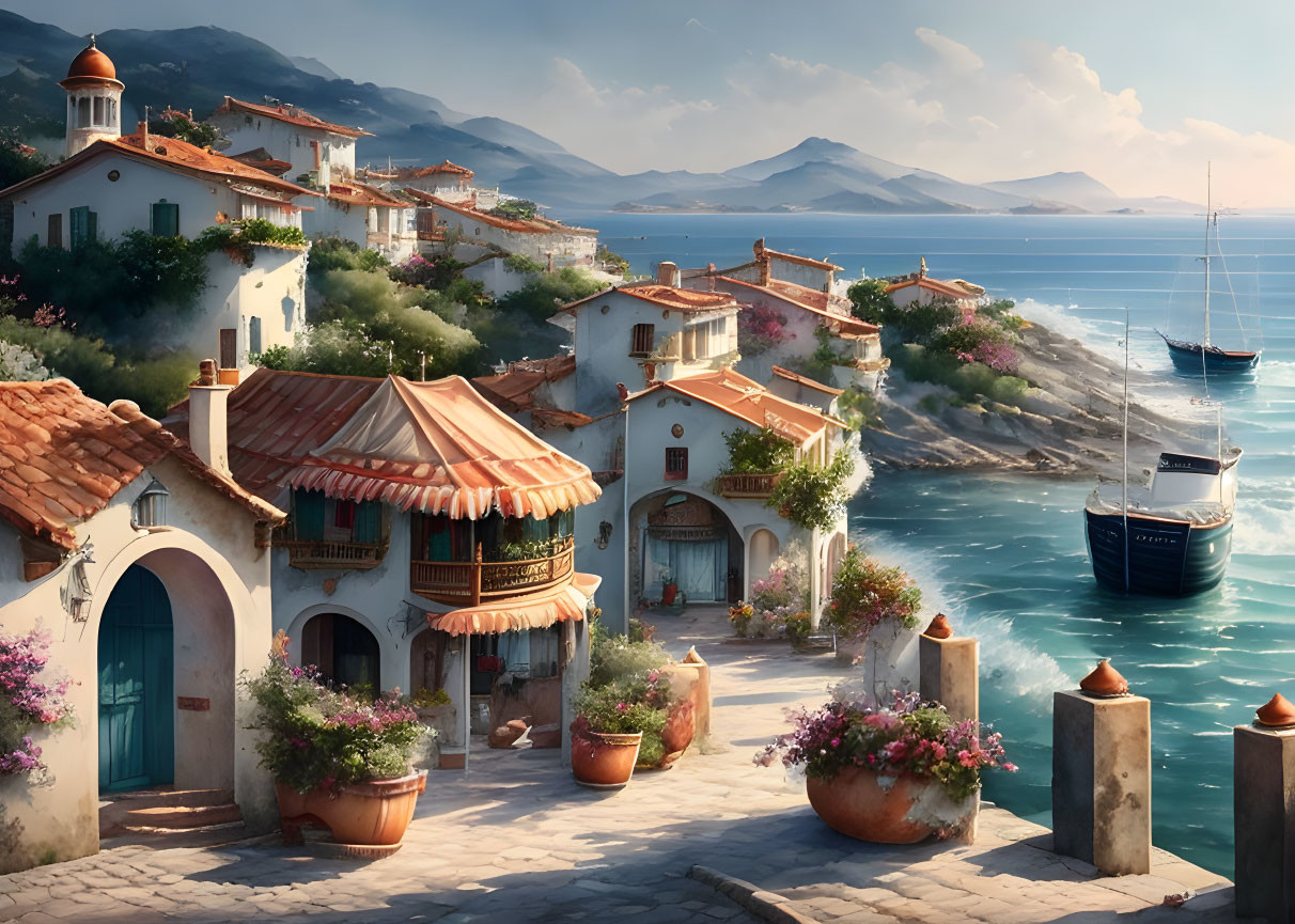 Tranquil Coastal Village with Terracotta-Roofed Houses and Cobblestone Paths