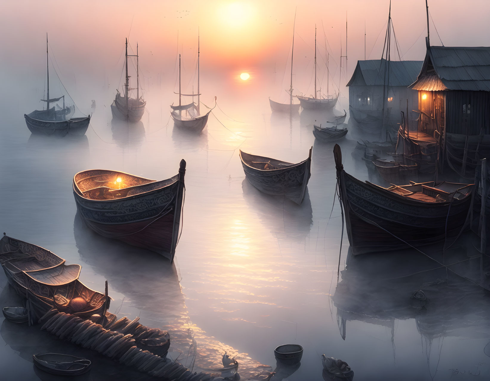 Tranquil Sunrise Scene: Misty Harbor, Moored Boats, Lit Lanterns, Wooden