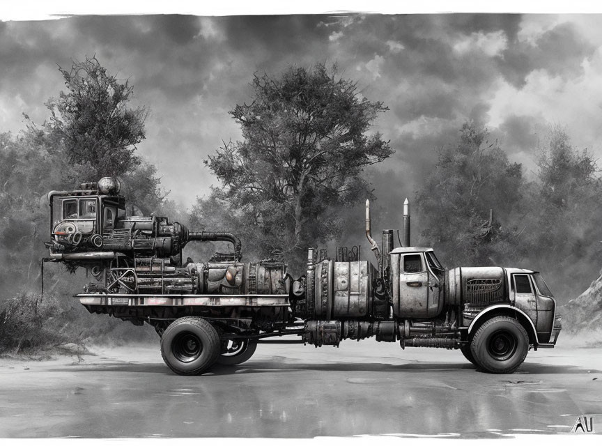 Monochromatic post-apocalyptic vehicle with oversized wheels and mechanical appendages in desolate landscape