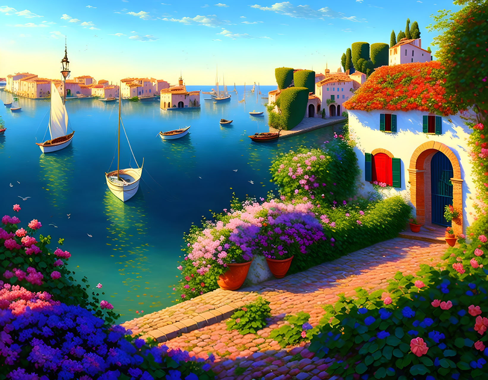 Tranquil seaside scene with sailboats, colorful buildings, vibrant flowers