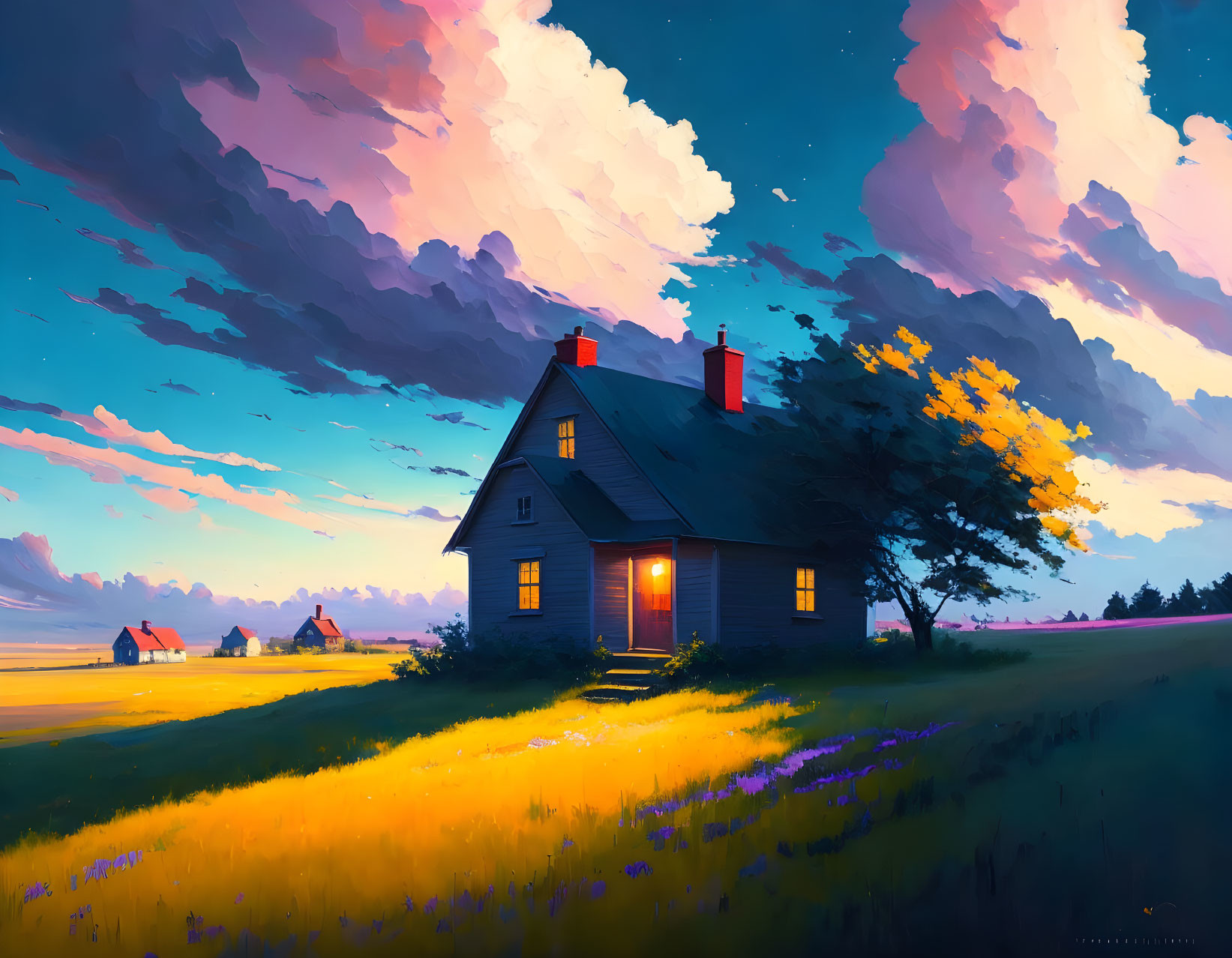 Tranquil blue house in yellow field under dramatic sunset sky