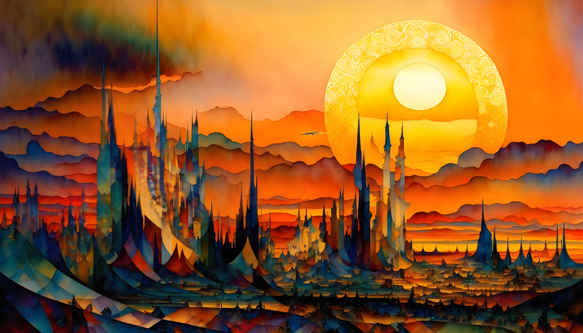 Fantasy landscape painting with sharp spires, large sun, and layered mountains