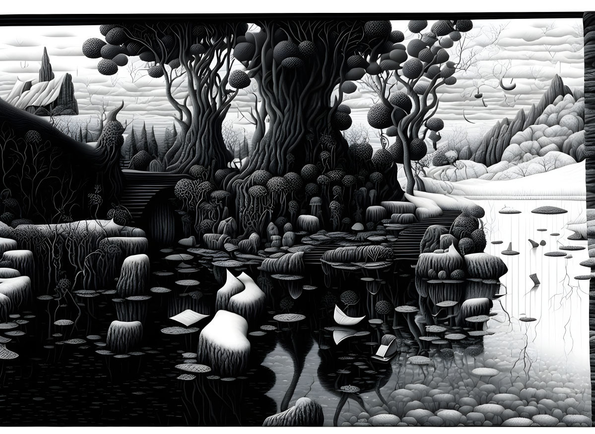 Monochromatic landscape with stylized trees, undulating terrain, and reflective water