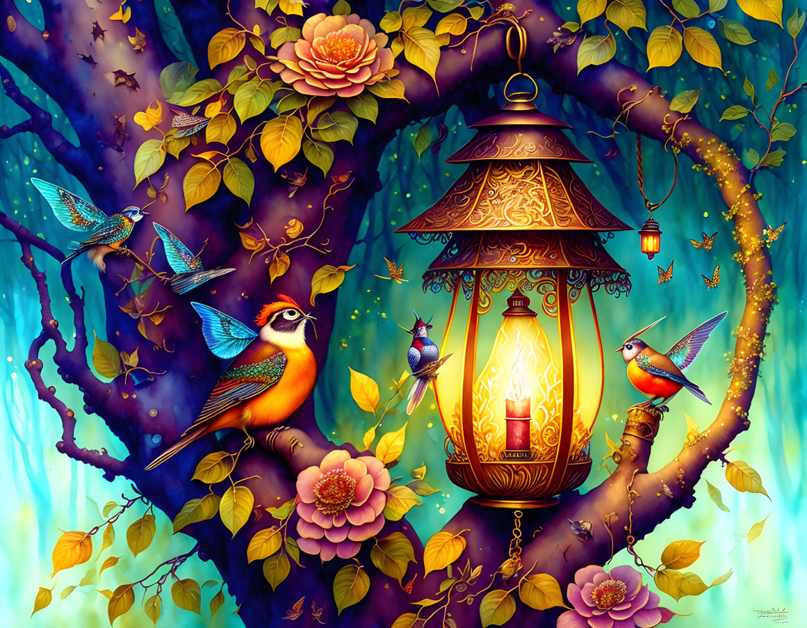 Colorful Birds Perched Around Lantern in Vibrant Fantasy Art