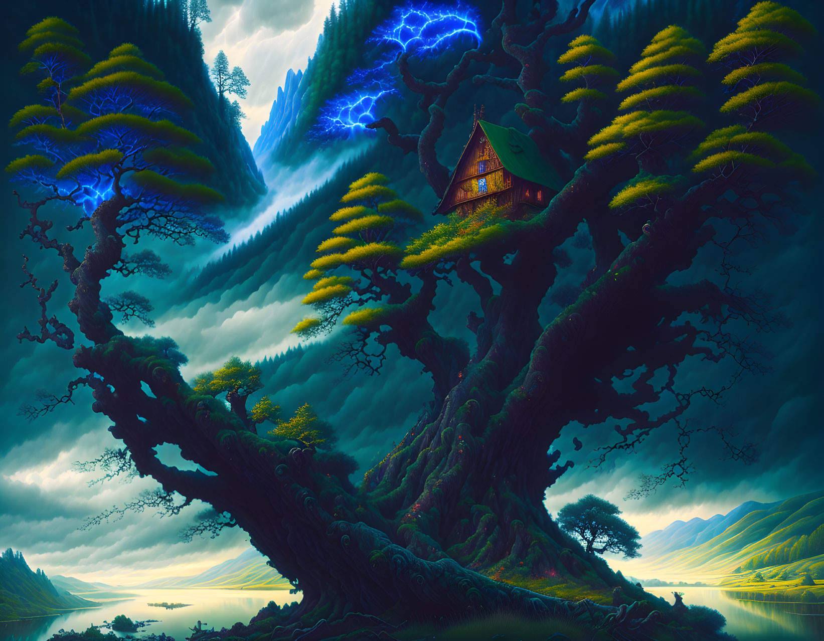 Mystical landscape with tree house, lightning, and lake