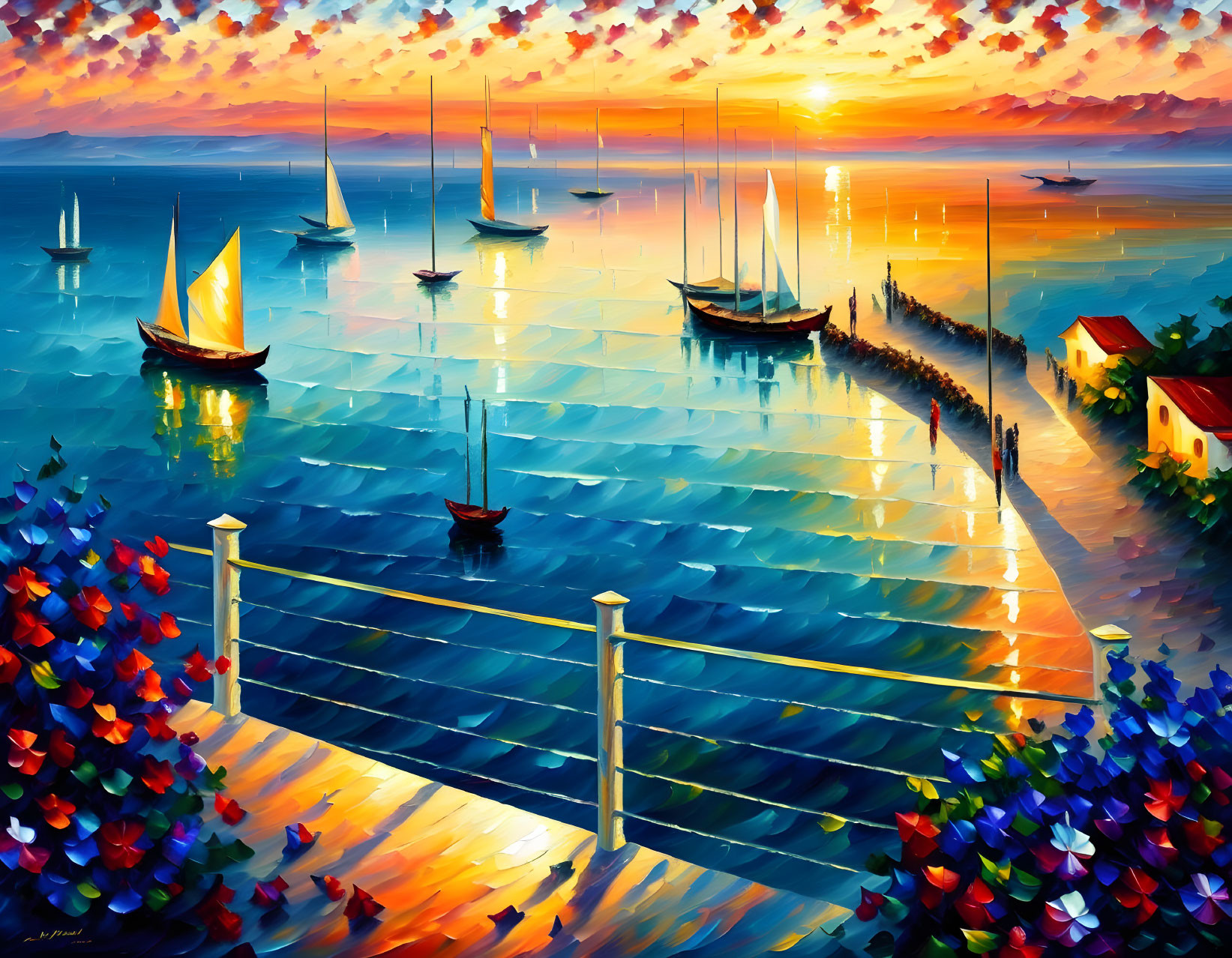 Colorful Sunset Seascape Painting with Boats, Pier, and Flowers