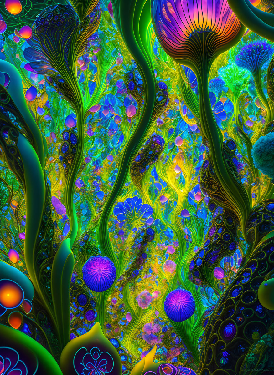 Abstract neon forest with vibrant colors and swirling patterns