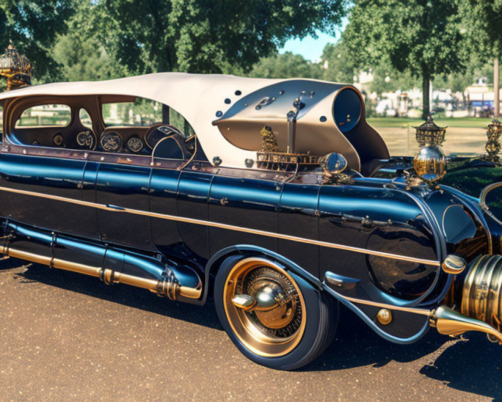 Elaborate Vintage Car with Brass Detailing and Steampunk Aesthetic