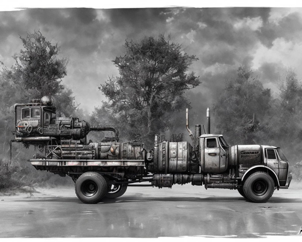 Monochromatic post-apocalyptic vehicle with oversized wheels and mechanical appendages in desolate landscape