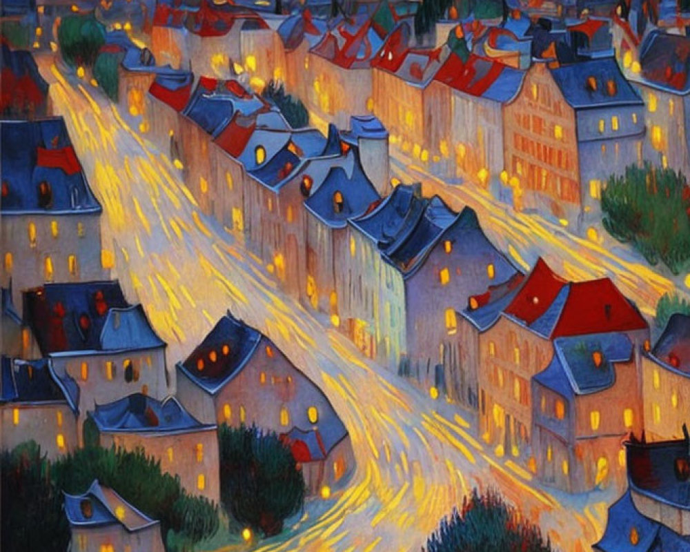 Luminous starry night scene of a quaint village in post-impressionist style