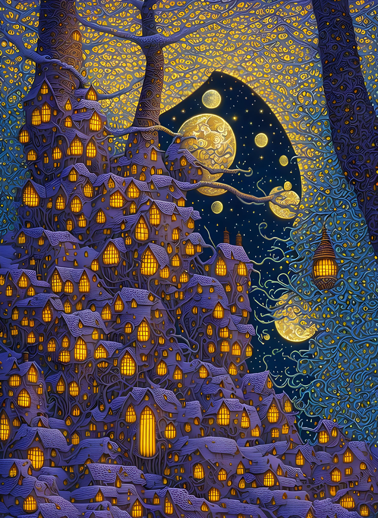 Illustration of towering tree with houses and lanterns under starry night sky