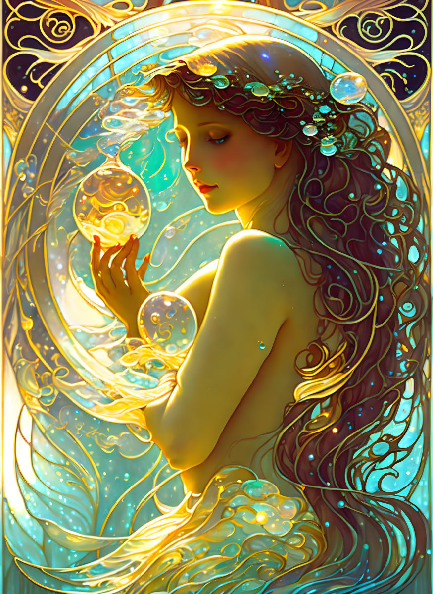 Ethereal woman with flowing hair holding glowing orb in golden light