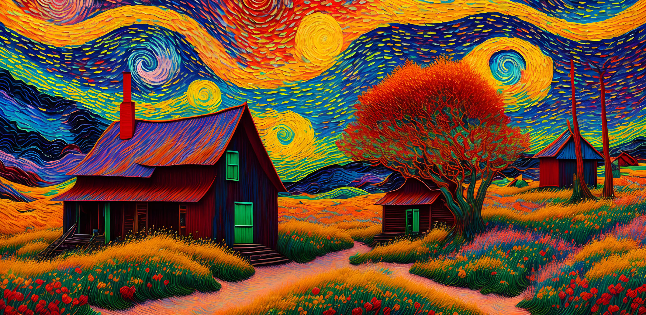 Colorful Starry Sky Landscape with Red-Roofed Cabins