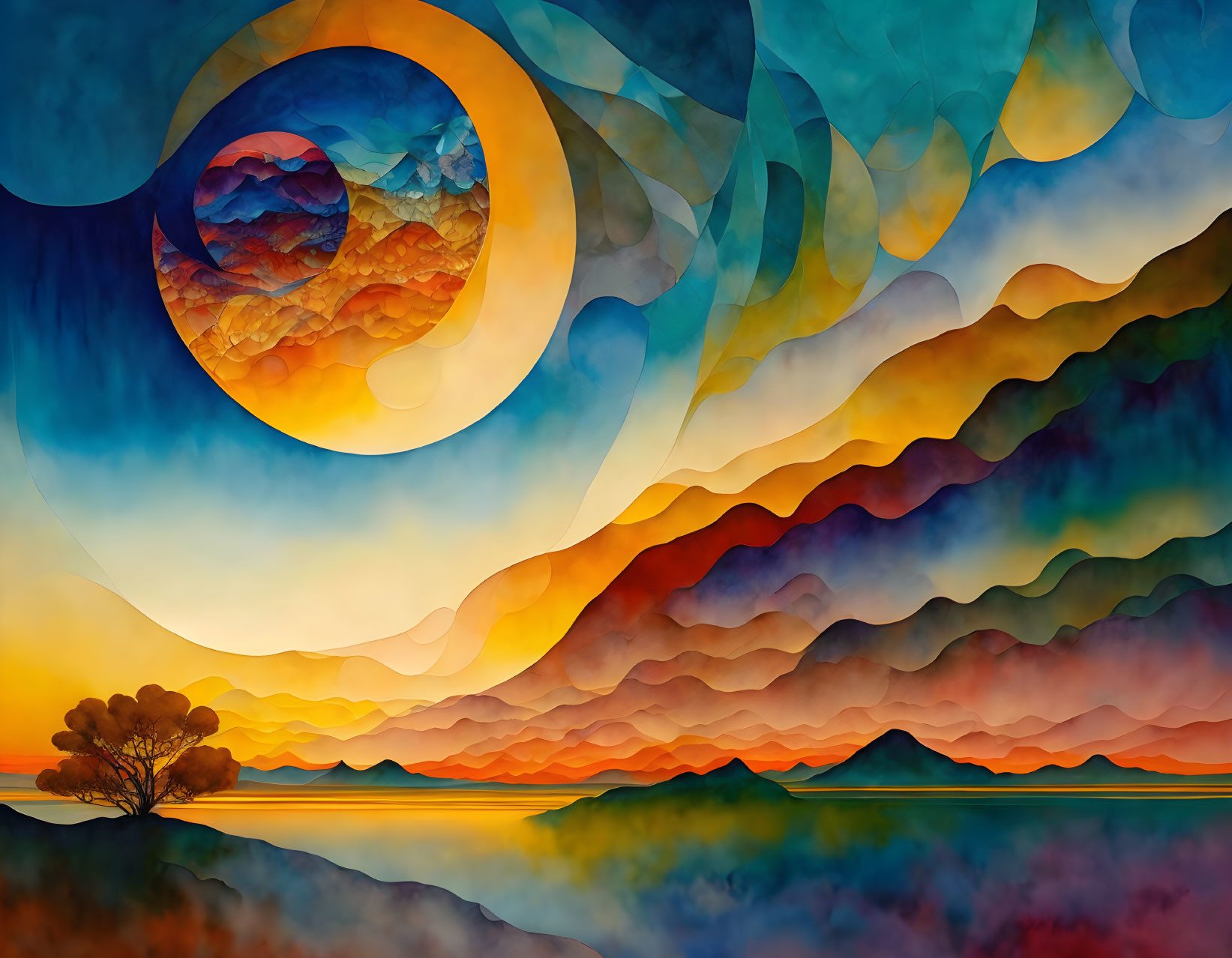 Colorful surreal landscape with swirling skies, large moon, rolling hills, and lone tree by water