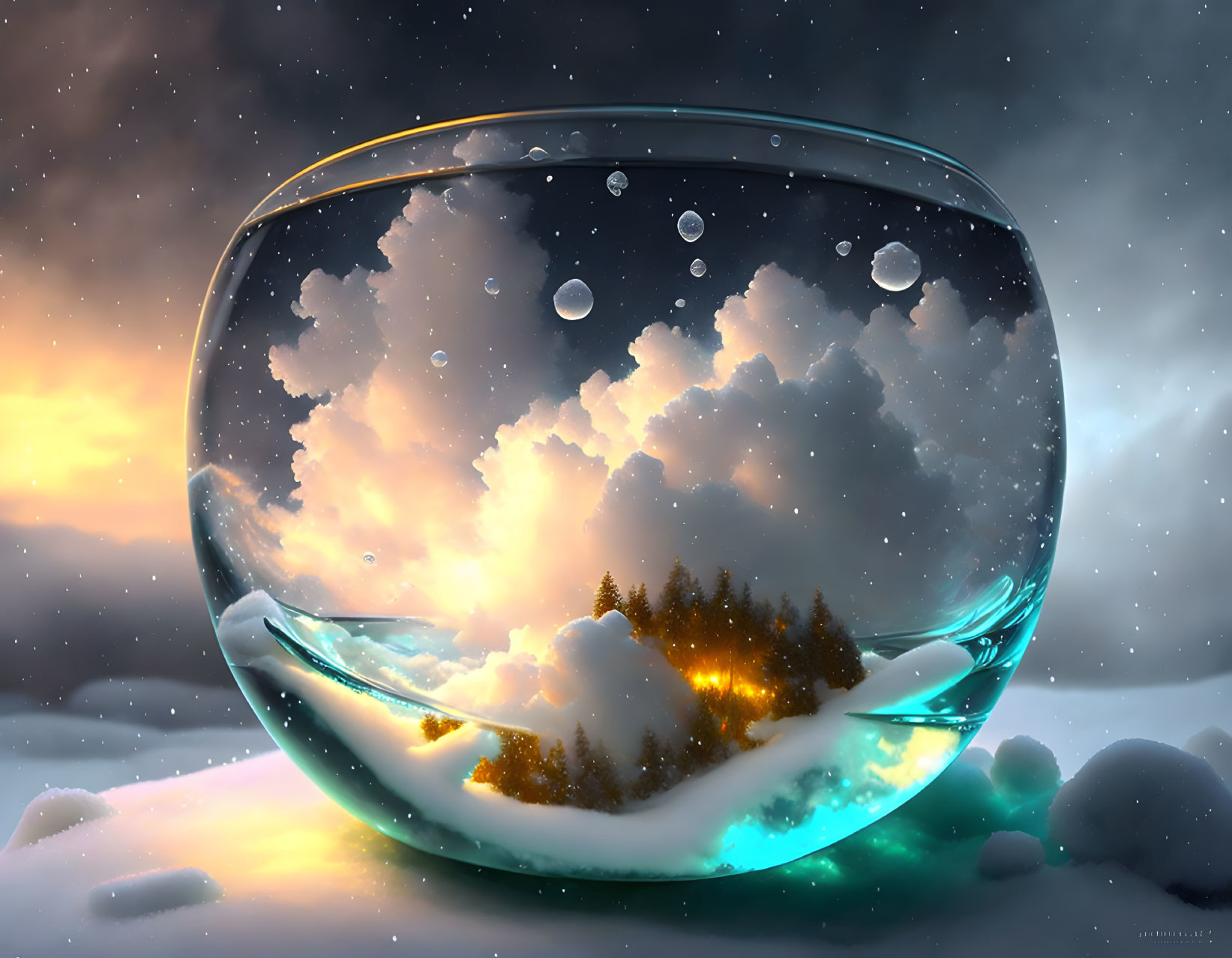 Surreal snow globe vessel with mini forest and glowing houses against starry backdrop