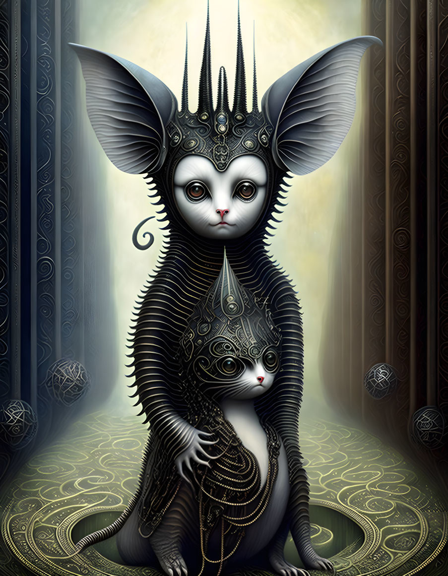 Surreal artwork of anthropomorphic creatures with large ears and crowns