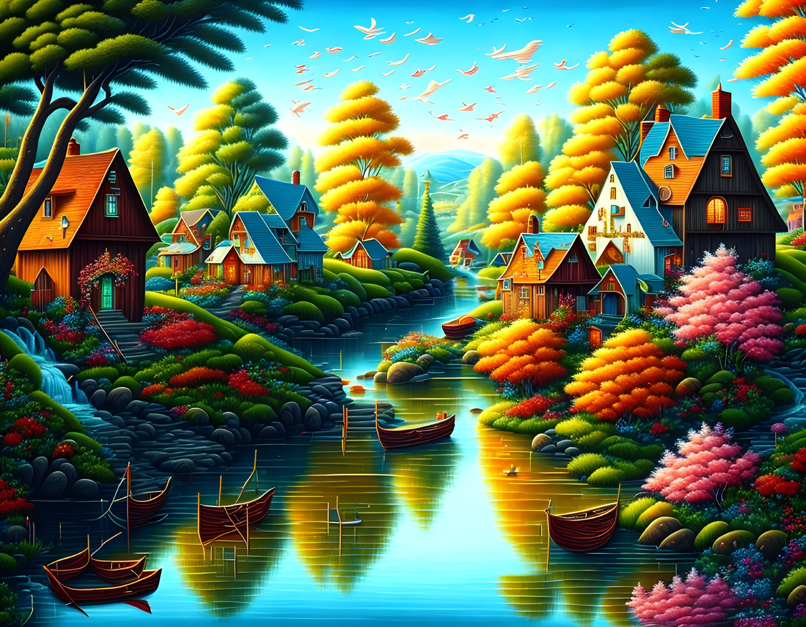 Colorful Illustration: Picturesque Village by River with Blooming Flowers