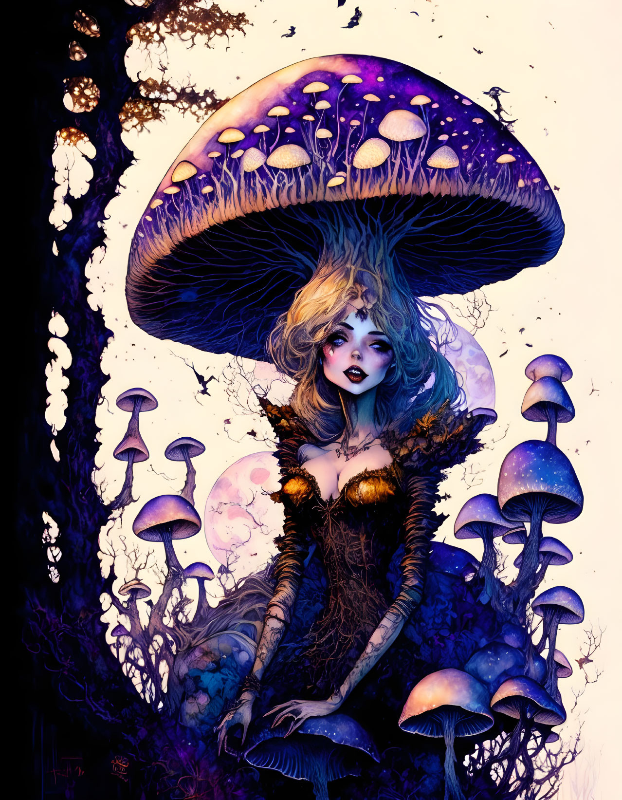 Colorful illustration of female figure under giant mushroom in magical forest