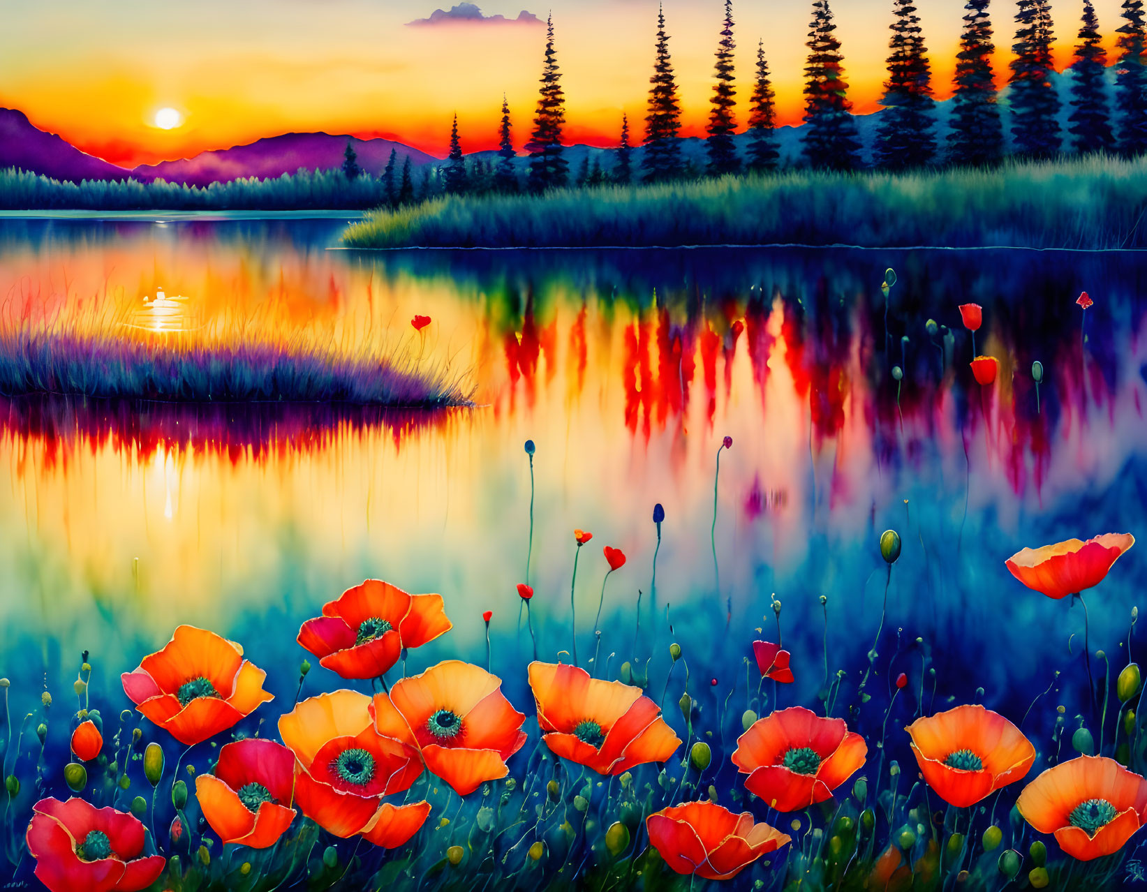 Colorful sunset over calm lake with tree reflections and poppies in serene landscape