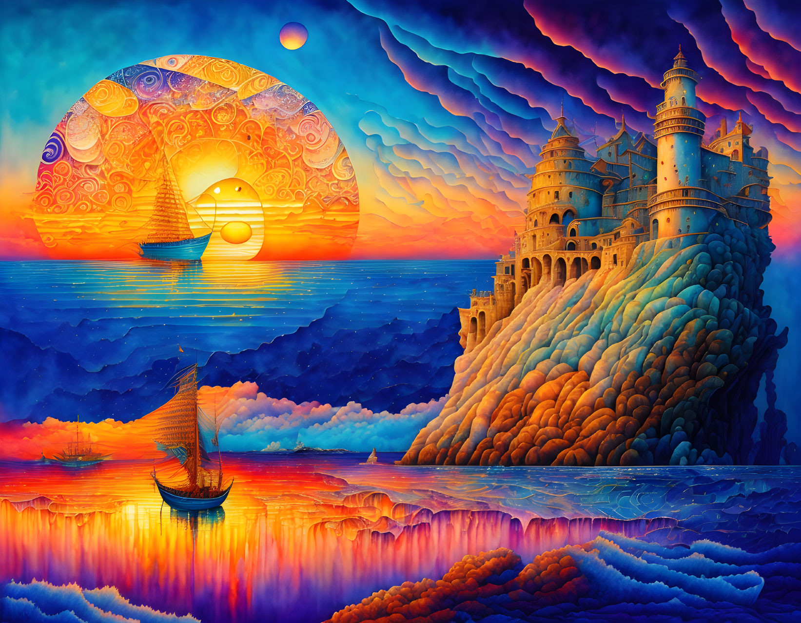 Surreal landscape: castle on cliff, boat at sea, large sun, swirling sky.