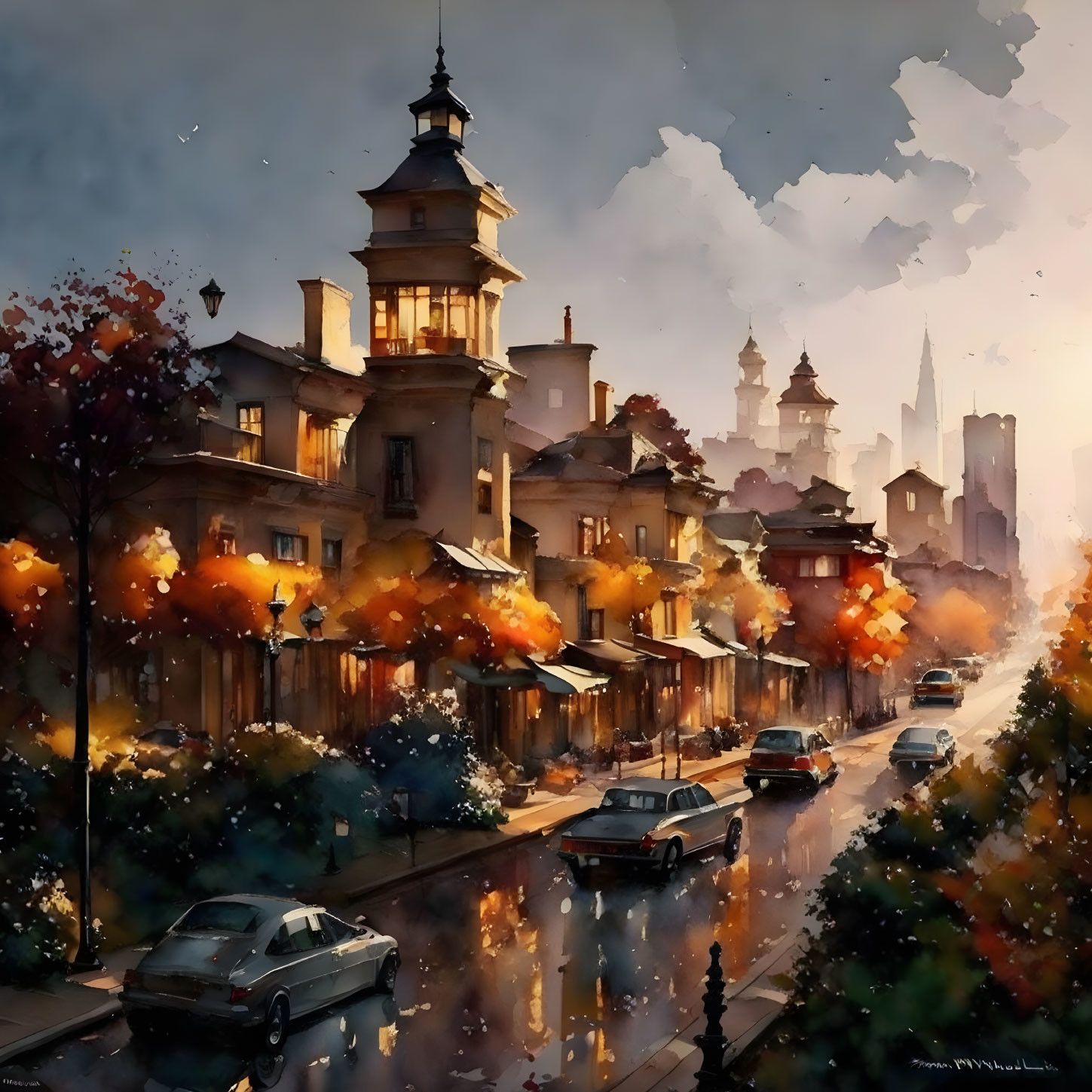 Autumn scene with wet street, historic buildings, colorful trees, parked cars, and city lights.