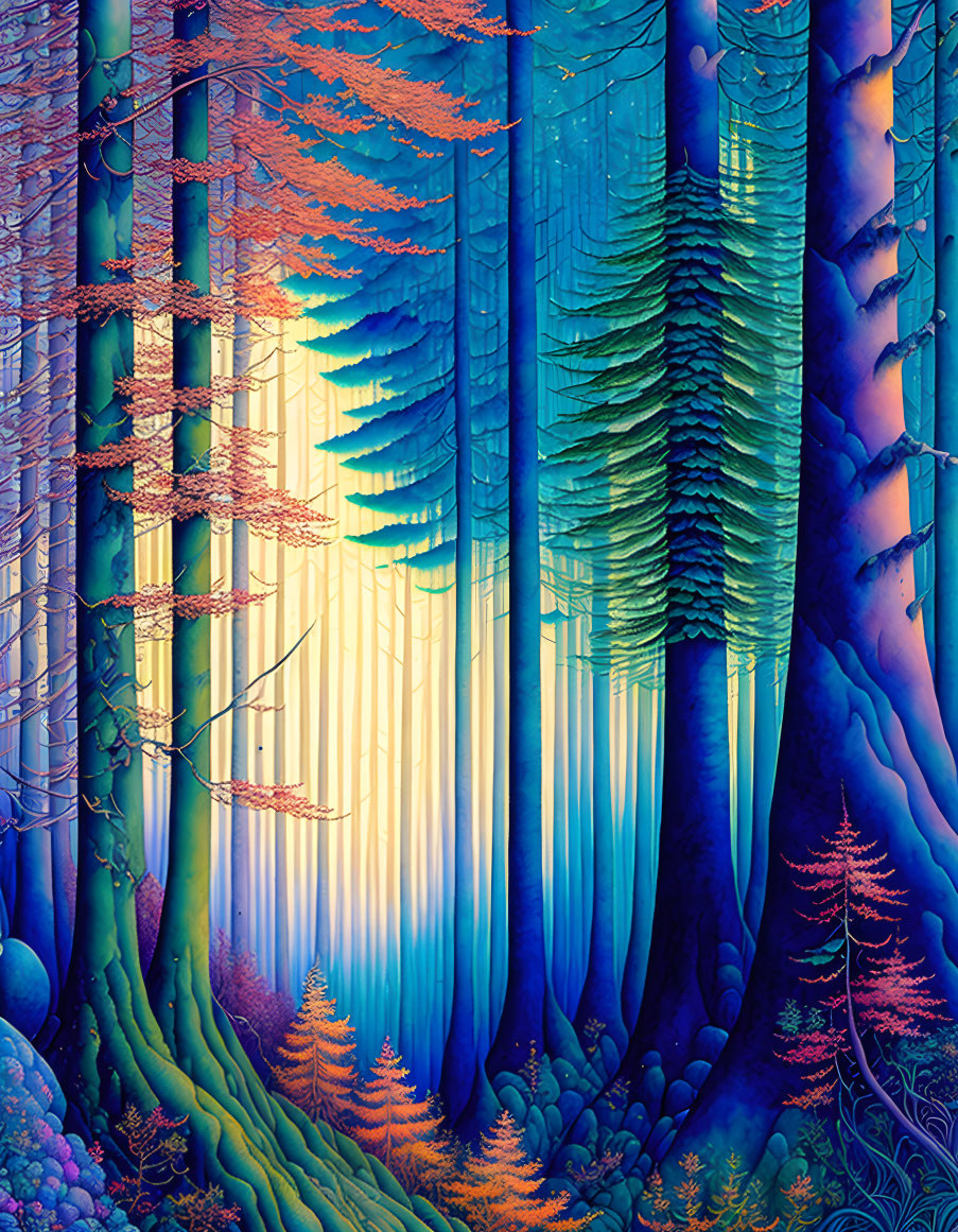 Colorful Forest Illustration with Tall Trees and Light Rays