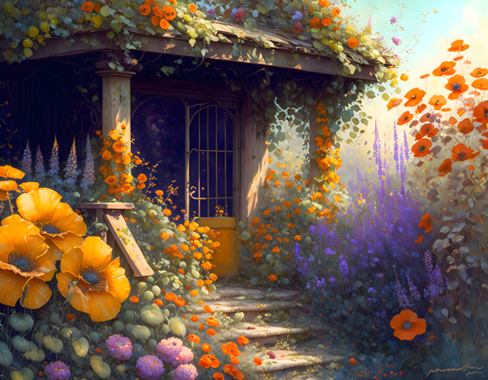 Yellow Door Cottage Surrounded by Colorful Garden and Pathway