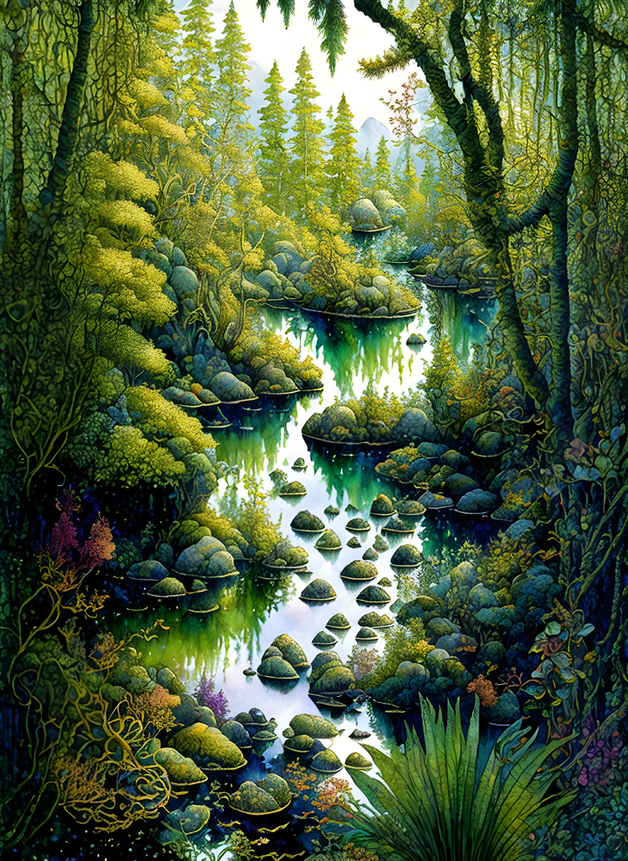 Tranquil river and lush forest scene with stone path